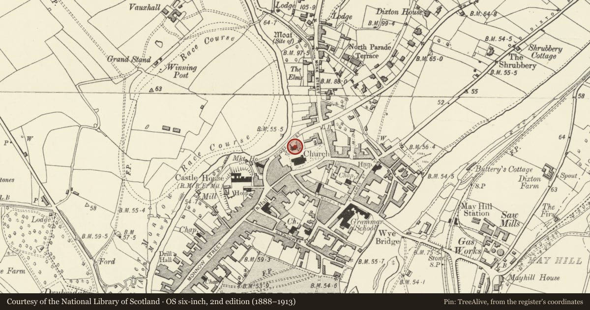 Ordnance Survey six-inch map, 2nd edition (1888–1913) covering the location of Monmouth Priory, Monmouthshire, with a pin at the register's coordinates