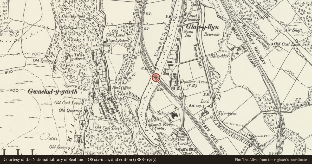 Ordnance Survey six-inch map, 2nd edition (1888–1913) covering the location of Railway Viaduct over River Taff (partly in Llantwit Fardre community), Taffs Well, Rhondda Cynon Taff, with a pin at the register's coordinates