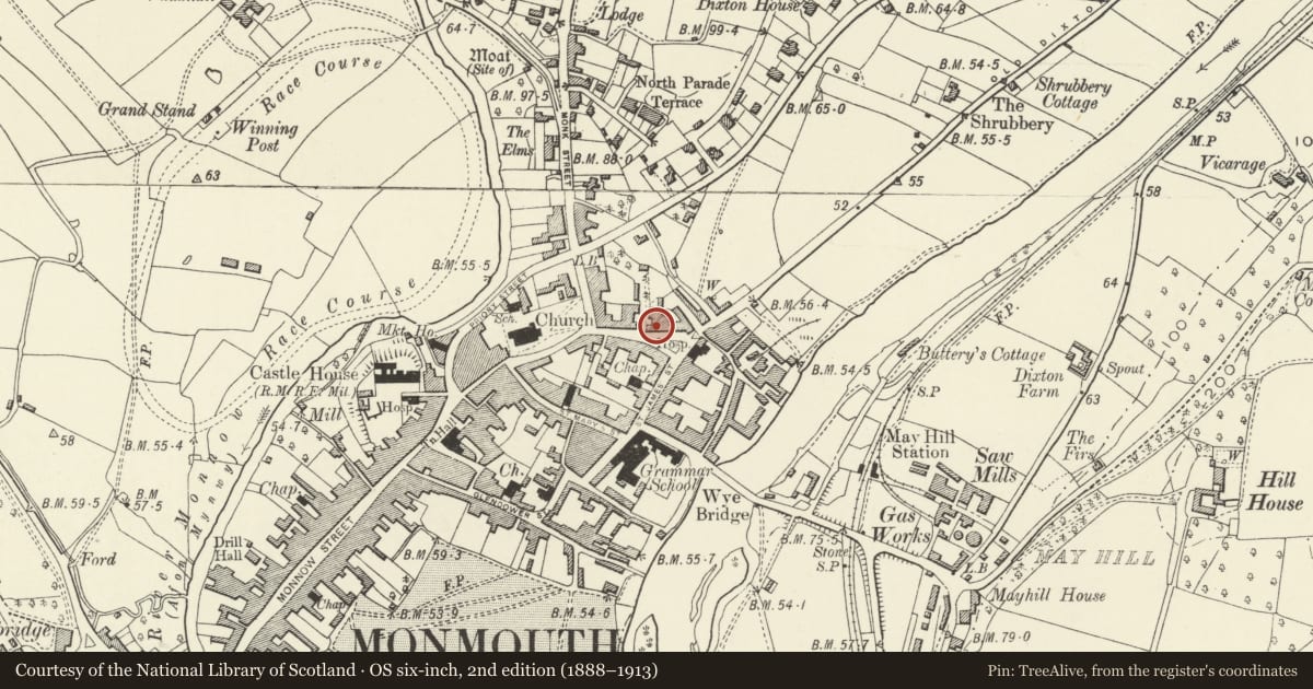 Ordnance Survey six-inch map, 2nd edition (1888–1913) covering the location of St. James's House, Monmouth, Monmouthshire, with a pin at the register's coordinates