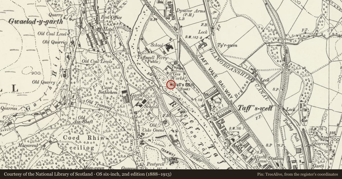 Ordnance Survey six-inch map, 2nd edition (1888–1913) covering the location of The Well House, Taffs Well, Rhondda Cynon Taff, with a pin at the register's coordinates