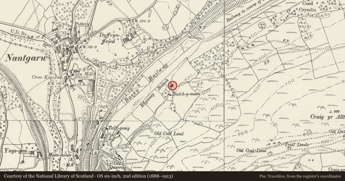 Ordnance Survey six-inch map, 2nd edition (1888–1913) covering the location of Bwlch y Maen, Taffs Well, Rhondda Cynon Taff, with a pin at the register's coordinates