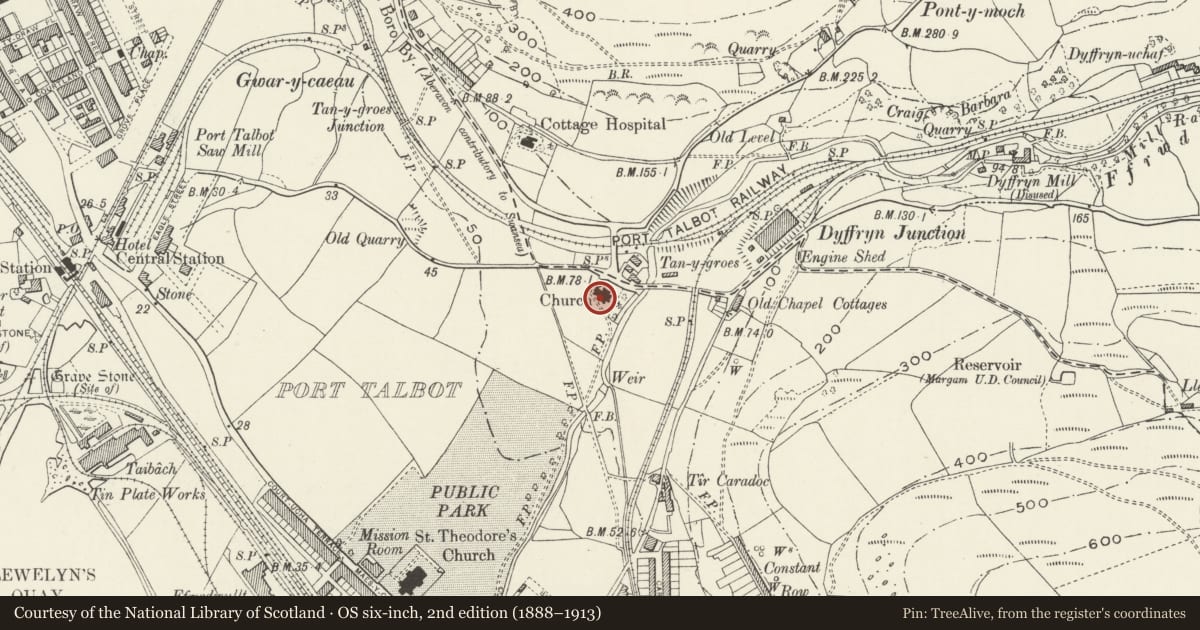 Ordnance Survey six-inch map, 2nd edition (1888–1913) covering the location of Holy Cross Church, Port Talbot, Neath Port Talbot, with a pin at the register's coordinates