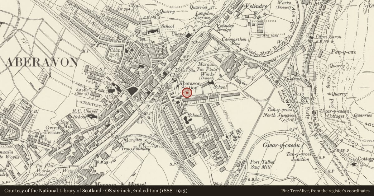 Ordnance Survey six-inch map, 2nd edition (1888–1913) covering the location of Afan Masonic Temple, Port Talbot, Neath Port Talbot, with a pin at the register's coordinates