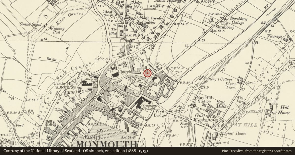 Ordnance Survey six-inch map, 2nd edition (1888–1913) covering the location of 12 St. James' Square, Monmouth, Monmouthshire, with a pin at the register's coordinates