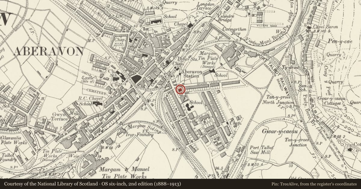 Ordnance Survey six-inch map, 2nd edition (1888–1913) covering the location of Bethany Chapel, Port Talbot, Neath Port Talbot, with a pin at the register's coordinates