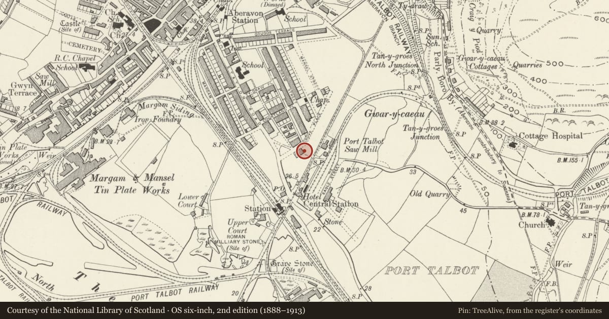 Ordnance Survey six-inch map, 2nd edition (1888–1913) covering the location of Grove Place Chapel, Port Talbot, Neath Port Talbot, with a pin at the register's coordinates