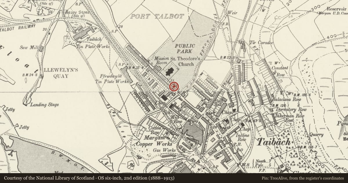 Ordnance Survey six-inch map, 2nd edition (1888–1913) covering the location of Gateway to Talbot Memorial Park, Port Talbot, Neath Port Talbot, with a pin at the register's coordinates