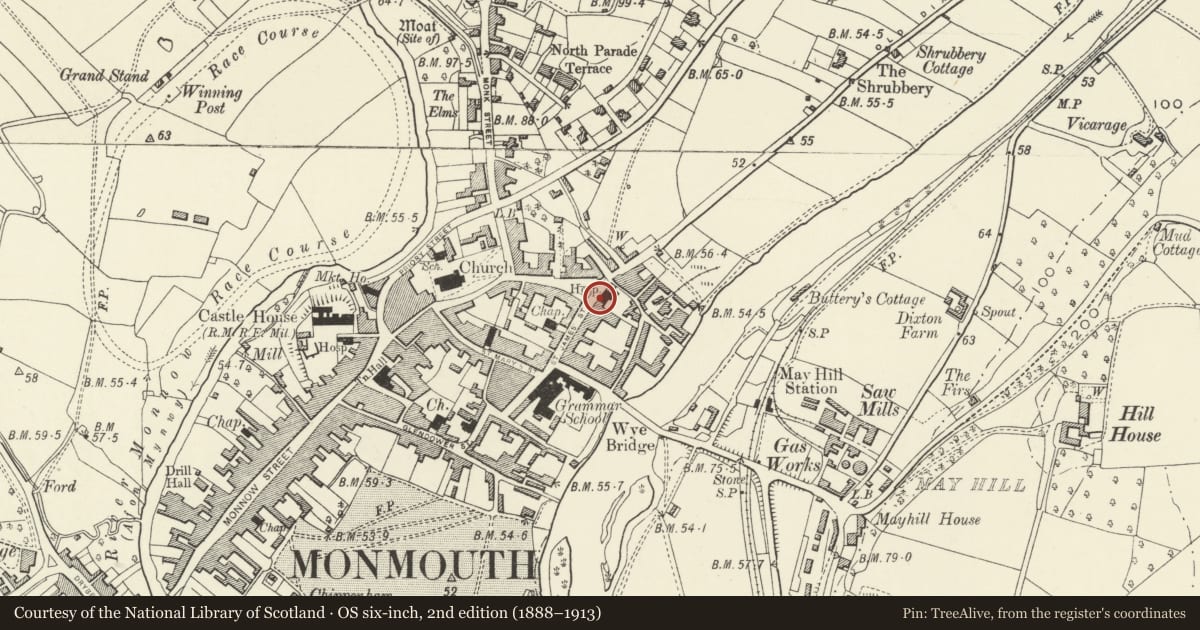 Ordnance Survey six-inch map, 2nd edition (1888–1913) covering the location of Ebberley House, Monmouth, Monmouthshire, with a pin at the register's coordinates