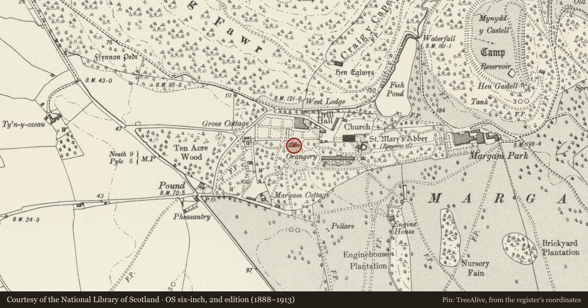 Ordnance Survey six-inch map, 2nd edition (1888–1913) covering the location of Citrus House, Margam, Neath Port Talbot, with a pin at the register's coordinates