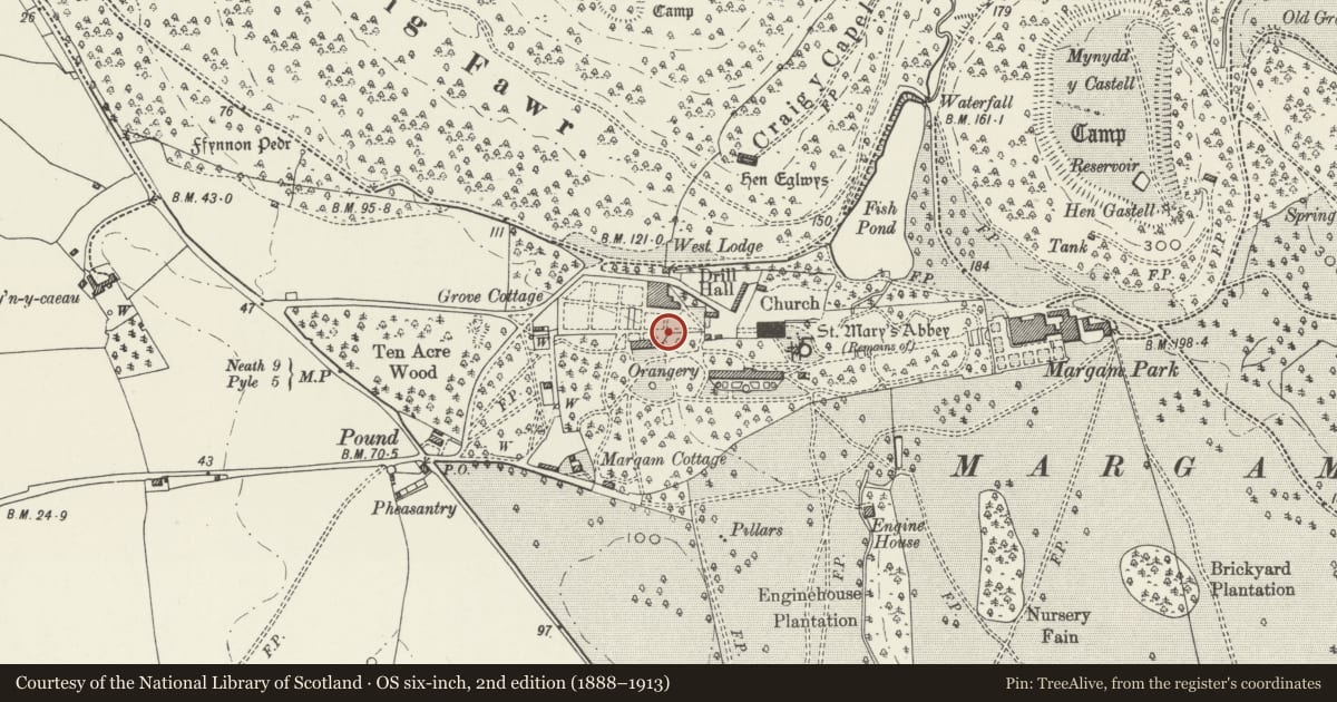 Ordnance Survey six-inch map, 2nd edition (1888–1913) covering the location of Retaining Wall adjoining Citrus House, Margam, Neath Port Talbot, with a pin at the register's coordinates
