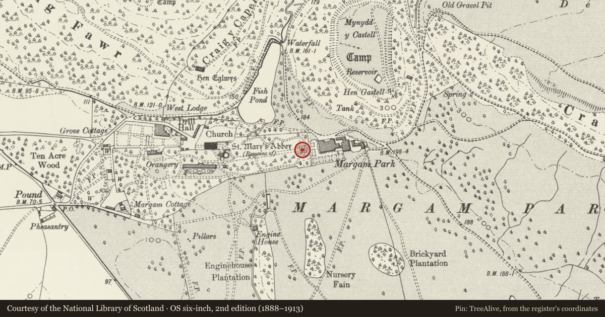Ordnance Survey six-inch map, 2nd edition (1888–1913) covering the location of Stone Steps in Terraced Garden, Margam, Neath Port Talbot, with a pin at the register's coordinates
