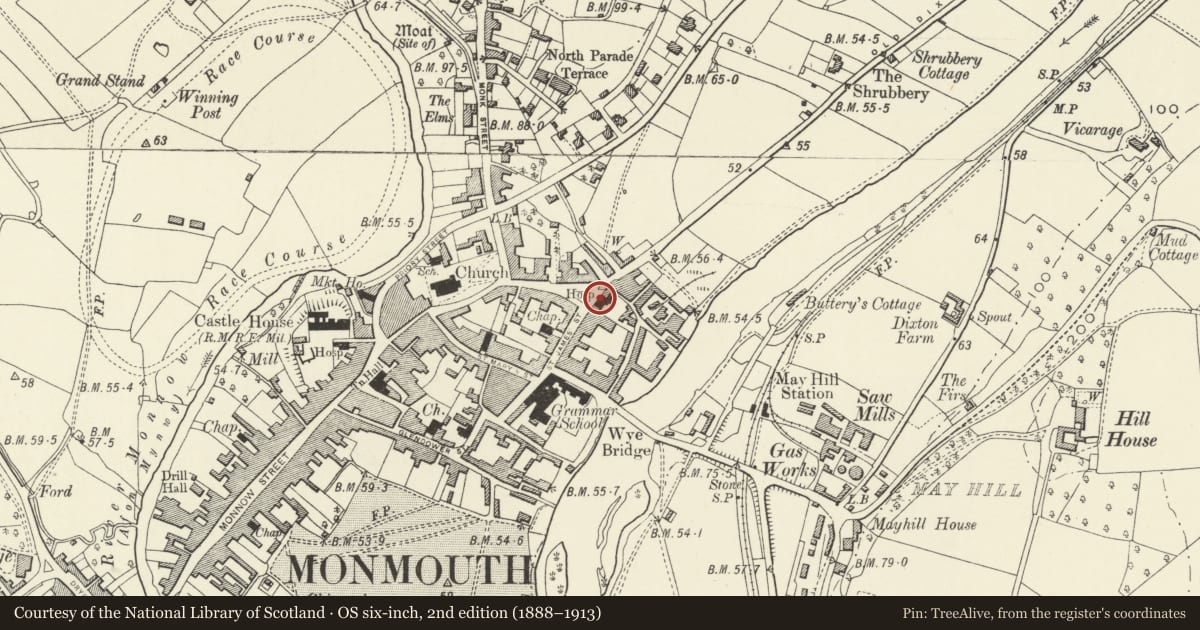 Ordnance Survey six-inch map, 2nd edition (1888–1913) covering the location of The Old Dispensary, Monmouth, Monmouthshire, with a pin at the register's coordinates