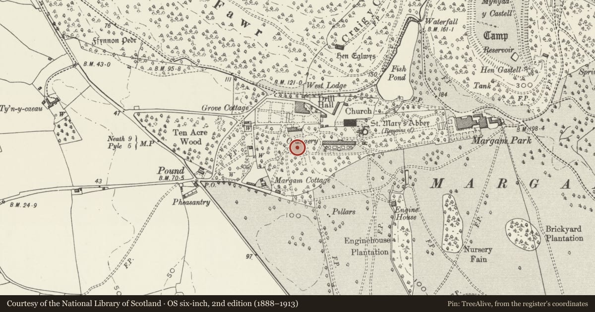 Ordnance Survey six-inch map, 2nd edition (1888–1913) covering the location of Ornamental Pool, Margam, Neath Port Talbot, with a pin at the register's coordinates