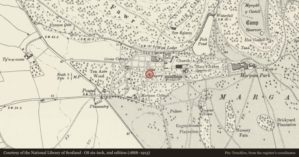 Ordnance Survey six-inch map, 2nd edition (1888–1913) covering the location of Former Changing Room, Margam, Neath Port Talbot, with a pin at the register's coordinates