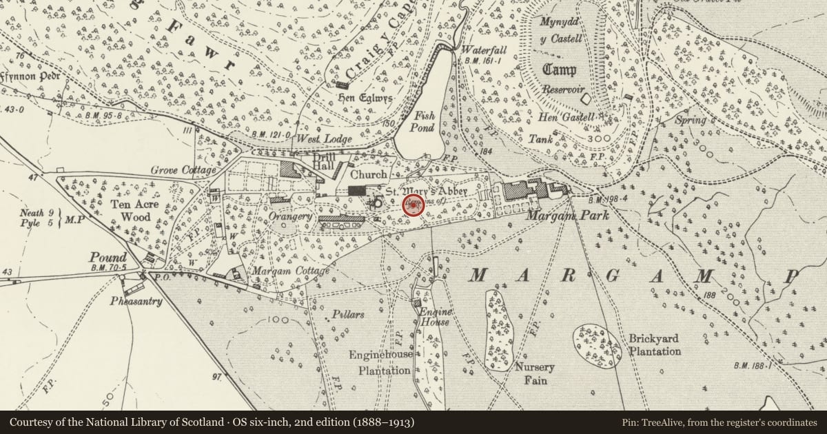 Ordnance Survey six-inch map, 2nd edition (1888–1913) covering the location of Broadwalk Steps, Margam, Neath Port Talbot, with a pin at the register's coordinates