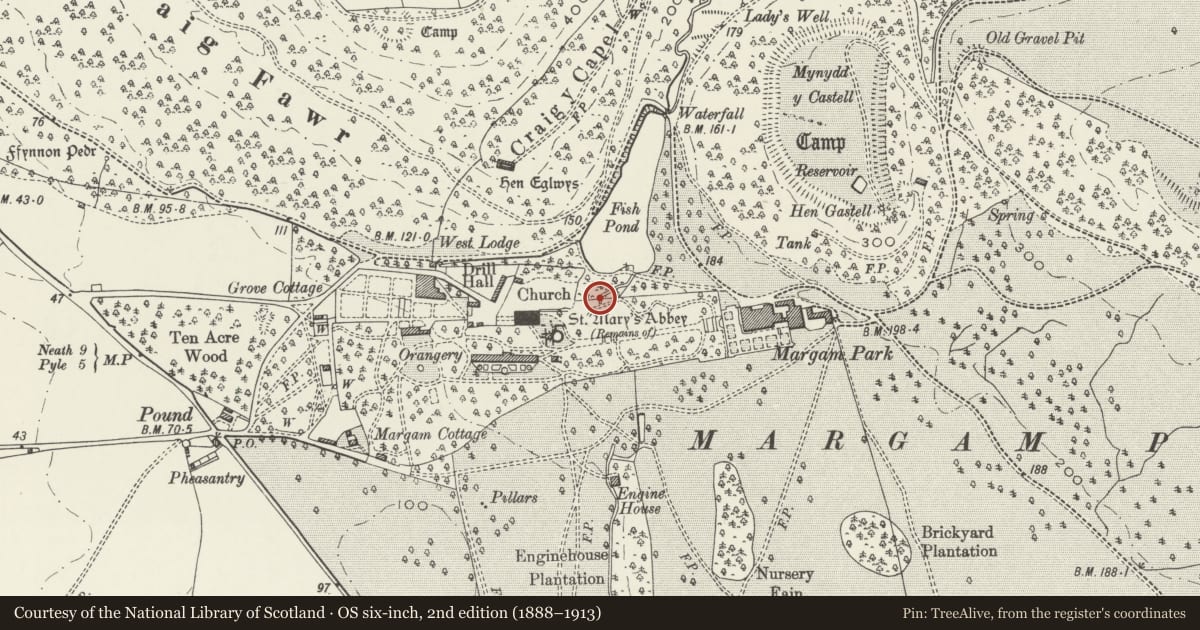 Ordnance Survey six-inch map, 2nd edition (1888–1913) covering the location of Arch over Culvert, Margam, Neath Port Talbot, with a pin at the register's coordinates