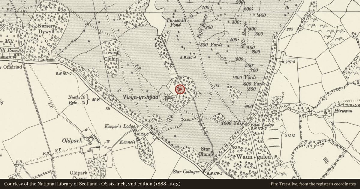 Ordnance Survey six-inch map, 2nd edition (1888–1913) covering the location of Farm Building at Twyn yr Hydd, Margam, Neath Port Talbot, with a pin at the register's coordinates