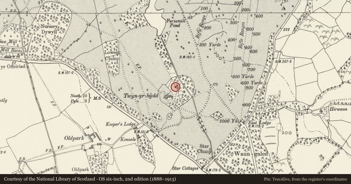 Ordnance Survey six-inch map, 2nd edition (1888–1913) covering the location of Kitchen Garden Wall and Glass House at Twyn yr Hydd, Margam, Neath Port Talbot, with a pin at the register's coordinates
