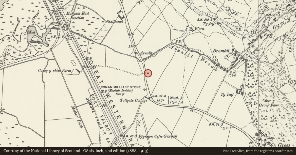 Ordnance Survey six-inch map, 2nd edition (1888–1913) covering the location of Vestry at Beulah Chapel, Margam, Neath Port Talbot, with a pin at the register's coordinates