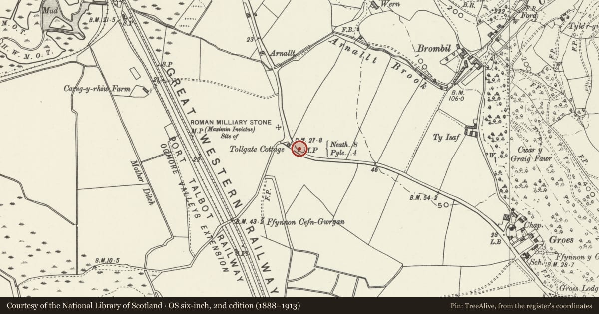Ordnance Survey six-inch map, 2nd edition (1888–1913) covering the location of Milepost at Tollgate Park, Margam, Neath Port Talbot, with a pin at the register's coordinates