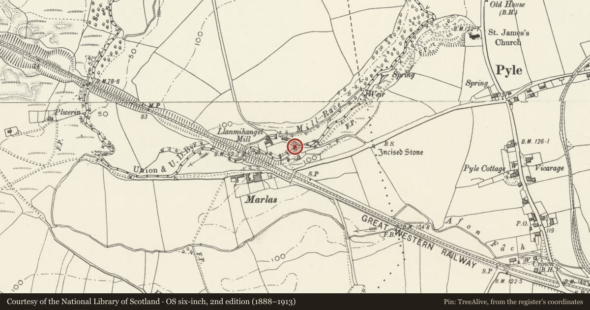 Ordnance Survey six-inch map, 2nd edition (1888–1913) covering the location of Bridge near Llanmihangel Mill, Pyle, Bridgend, with a pin at the register's coordinates