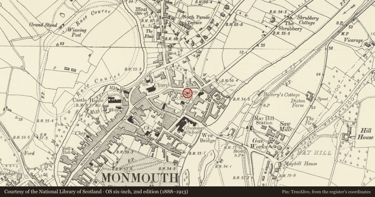 Ordnance Survey six-inch map, 2nd edition (1888–1913) covering the location of Apria Gir, Monmouth, Monmouthshire, with a pin at the register's coordinates