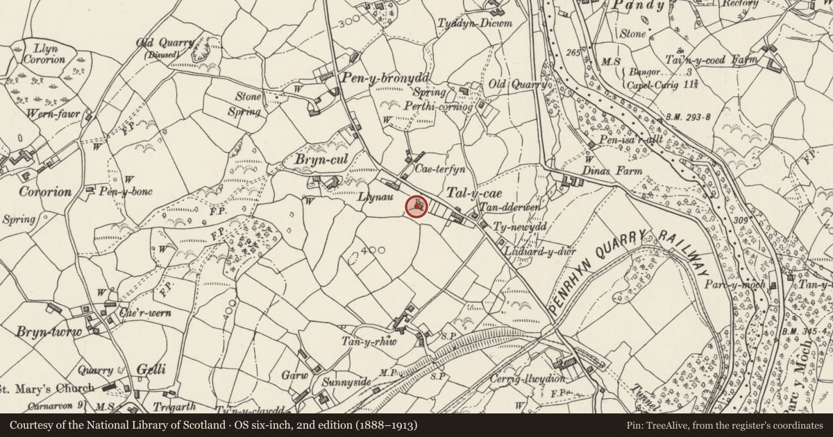 Ordnance Survey six-inch map, 2nd edition (1888–1913) covering the location of 5 Tal Gae, Llandygai, Gwynedd, with a pin at the register's coordinates