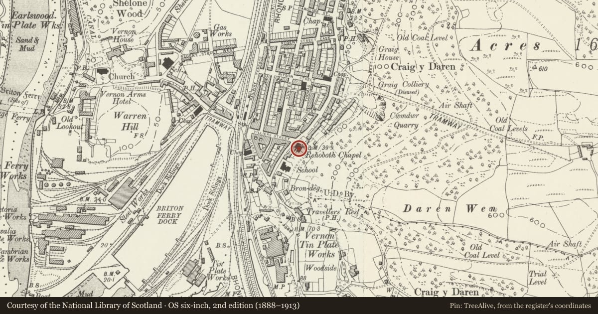 Ordnance Survey six-inch map, 2nd edition (1888–1913) covering the location of Rehoboth Baptist Chapel, Briton Ferry, Neath Port Talbot, with a pin at the register's coordinates
