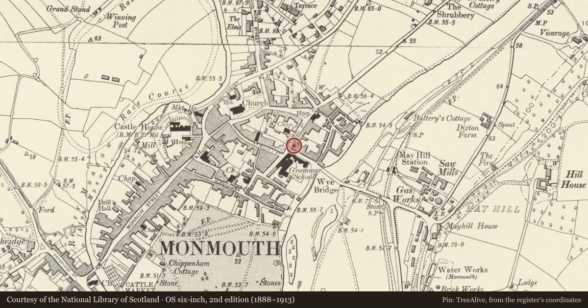 Ordnance Survey six-inch map, 2nd edition (1888–1913) covering the location of The Queen's Head PH, Monmouth, Monmouthshire, with a pin at the register's coordinates