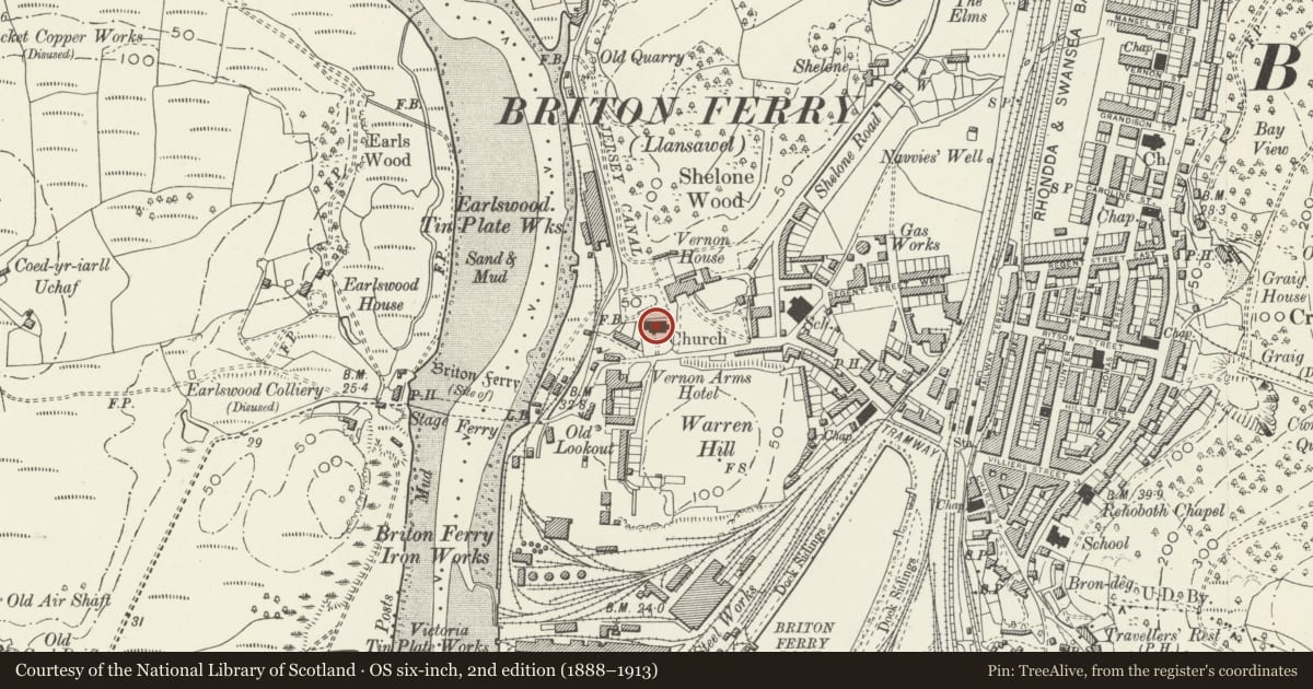 Ordnance Survey six-inch map, 2nd edition (1888–1913) covering the location of Church of St Mary, Briton Ferry, Neath Port Talbot, with a pin at the register's coordinates