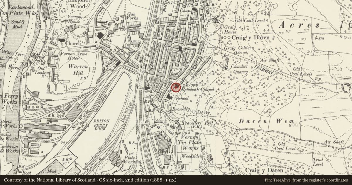 Ordnance Survey six-inch map, 2nd edition (1888–1913) covering the location of Rehoboth Chapel Sunday School, Briton Ferry, Neath Port Talbot, with a pin at the register's coordinates
