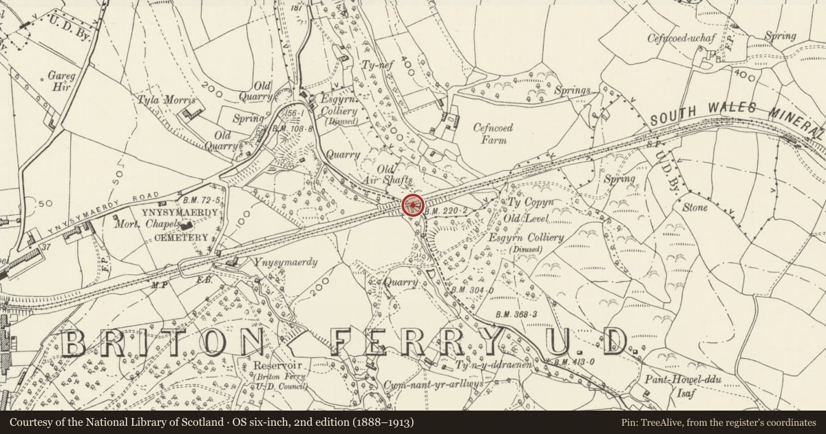 Ordnance Survey six-inch map, 2nd edition (1888–1913) covering the location of Ynysmaerdy Incline bridge over Pant Howel Ddu, Briton Ferry, Neath Port Talbot, with a pin at the register's coordinates