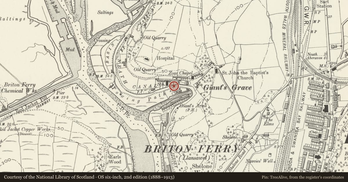 Ordnance Survey six-inch map, 2nd edition (1888–1913) covering the location of Roving Bridge over Neath Canal at Giant's Grave, Briton Ferry, Neath Port Talbot, with a pin at the register's coordinates