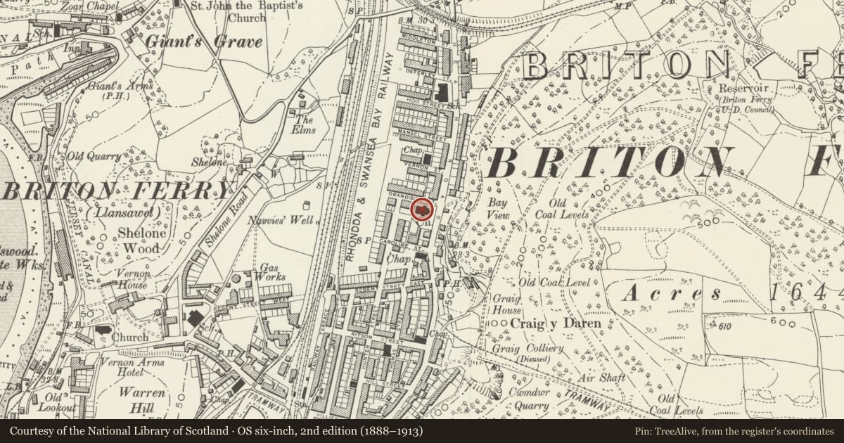 Ordnance Survey six-inch map, 2nd edition (1888–1913) covering the location of Church of St Clement, Briton Ferry, Neath Port Talbot, with a pin at the register's coordinates