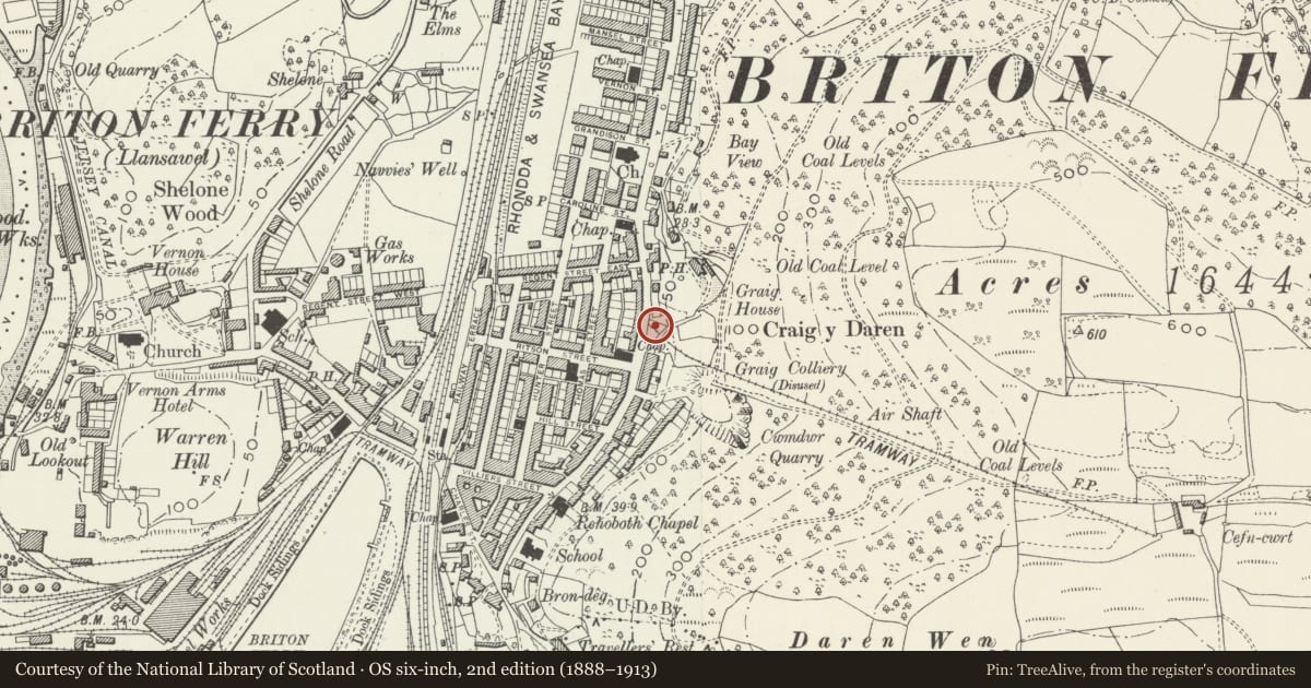 Ordnance Survey six-inch map, 2nd edition (1888–1913) covering the location of Briton Ferry Library including attached Library House, Neath Port Talbot, with a pin at the register's coordinates