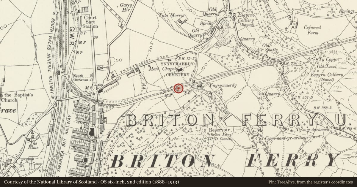 Ordnance Survey six-inch map, 2nd edition (1888–1913) covering the location of Bridge over Ynysmaerdy Incline, Briton Ferry, Neath Port Talbot, with a pin at the register's coordinates