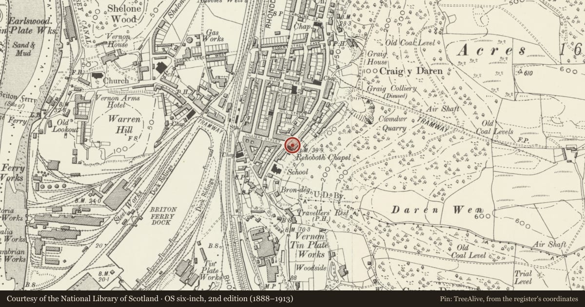Ordnance Survey six-inch map, 2nd edition (1888–1913) covering the location of 18 Neath Road, Briton Ferry, Neath Port Talbot, with a pin at the register's coordinates