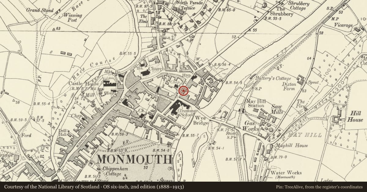 Ordnance Survey six-inch map, 2nd edition (1888–1913) covering the location of 3 St. James' Street, Monmouth, Monmouthshire, with a pin at the register's coordinates