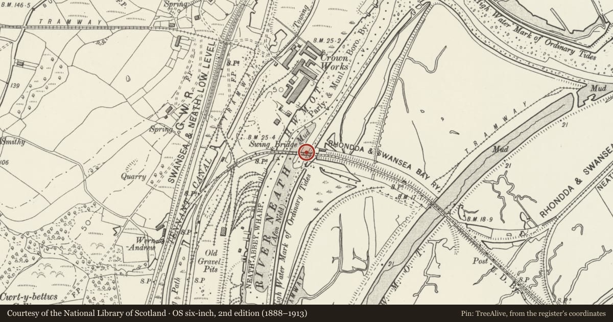 Ordnance Survey six-inch map, 2nd edition (1888–1913) covering the location of Neath River Swing Bridge (partly in Coedffranc and Neath Communities), Briton Ferry, Neath Port Talbot, with a pin at the register's coordinates