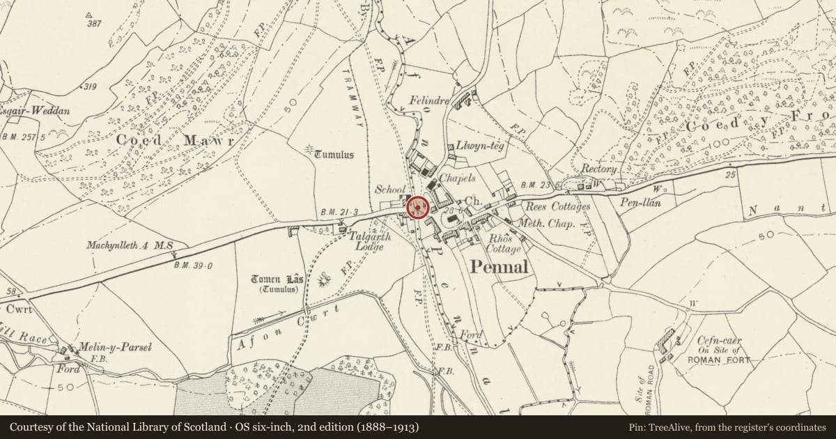 Ordnance Survey six-inch map, 2nd edition (1888–1913) covering the location of Pont Pennal, Gwynedd, with a pin at the register's coordinates