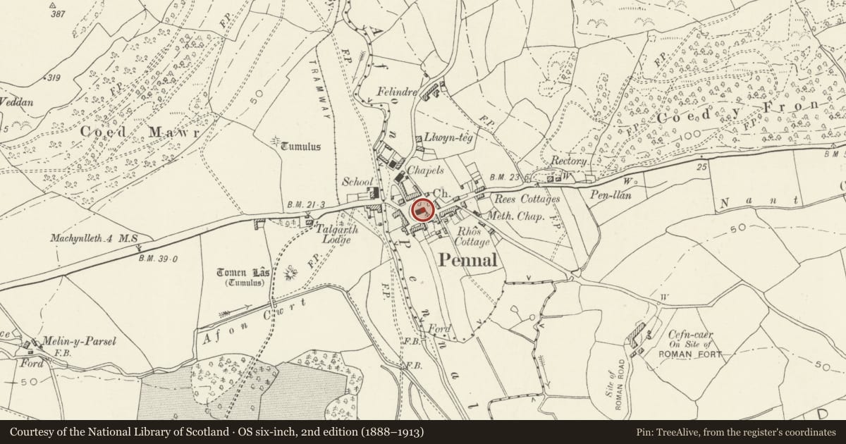 Ordnance Survey six-inch map, 2nd edition (1888–1913) covering the location of Church of St Peter ad Vincula, Pennal, Gwynedd, with a pin at the register's coordinates