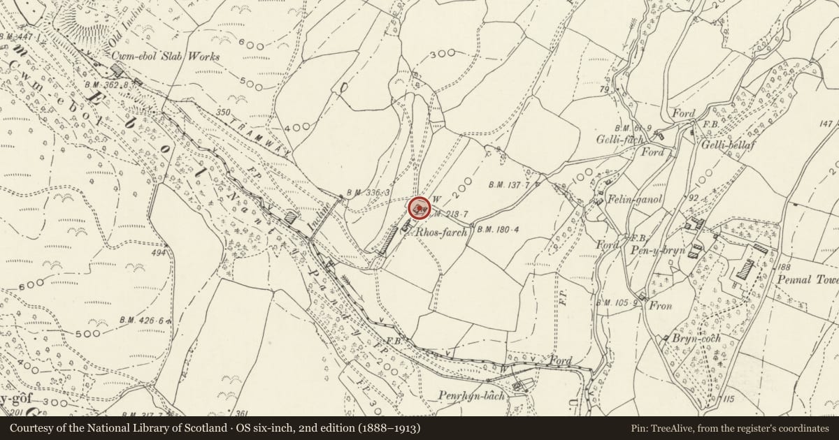 Ordnance Survey six-inch map, 2nd edition (1888–1913) covering the location of Rhos-farch, Pennal, Gwynedd, with a pin at the register's coordinates