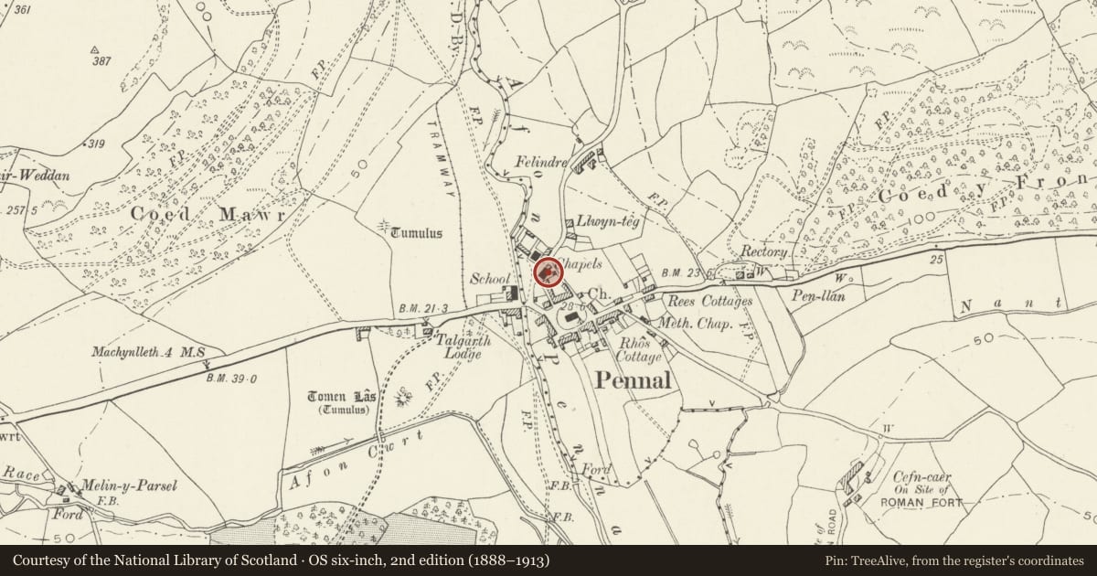 Ordnance Survey six-inch map, 2nd edition (1888–1913) covering the location of Addoldy MC Pennal, including front yard and railings (Methodist Chapel), Gwynedd, with a pin at the register's coordinates