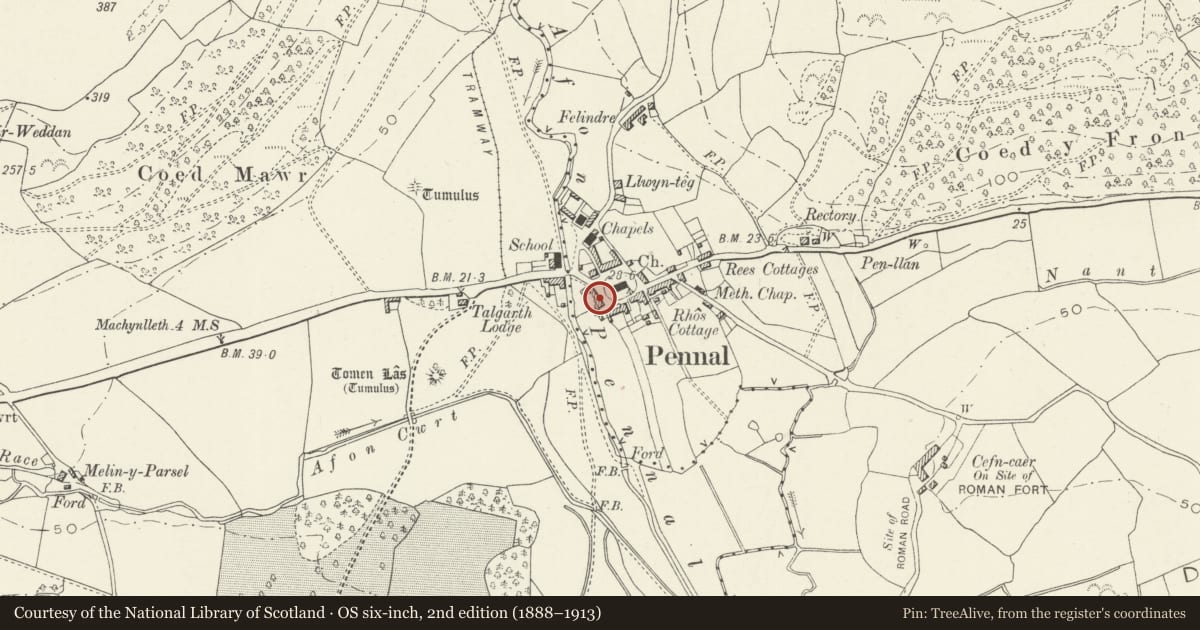 Ordnance Survey six-inch map, 2nd edition (1888–1913) covering the location of Riverside Hotel, Pennal, Gwynedd, with a pin at the register's coordinates