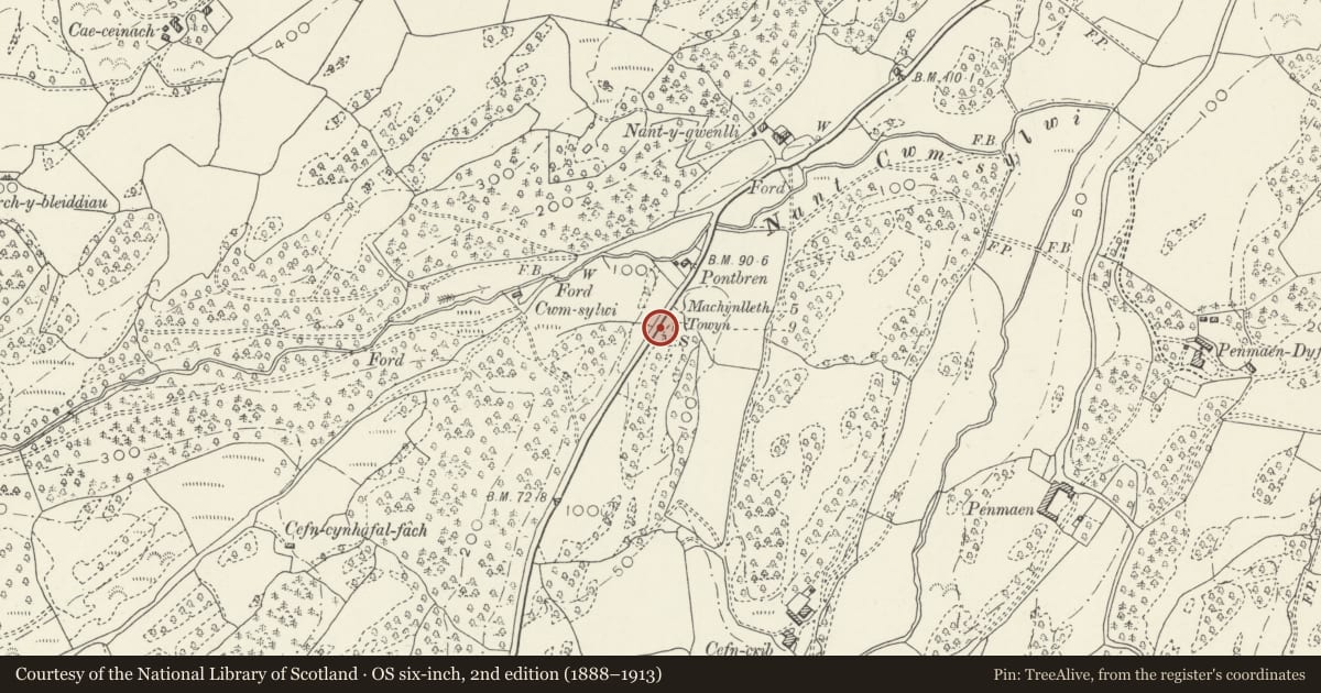 Ordnance Survey six-inch map, 2nd edition (1888–1913) covering the location of Milepost, Pennal, Gwynedd, with a pin at the register's coordinates