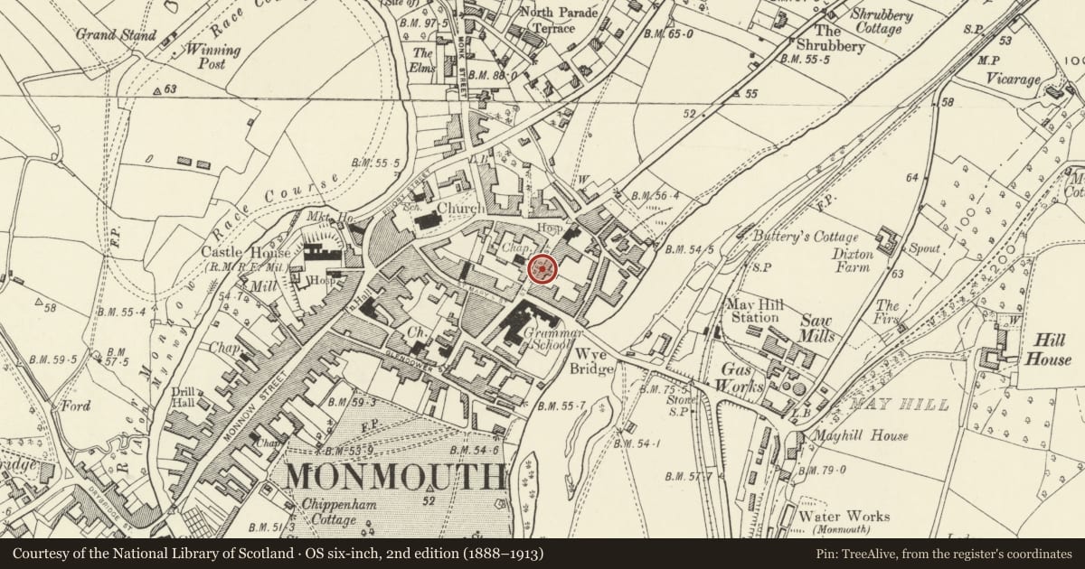 Ordnance Survey six-inch map, 2nd edition (1888–1913) covering the location of Clent House, Monmouth, Monmouthshire, with a pin at the register's coordinates