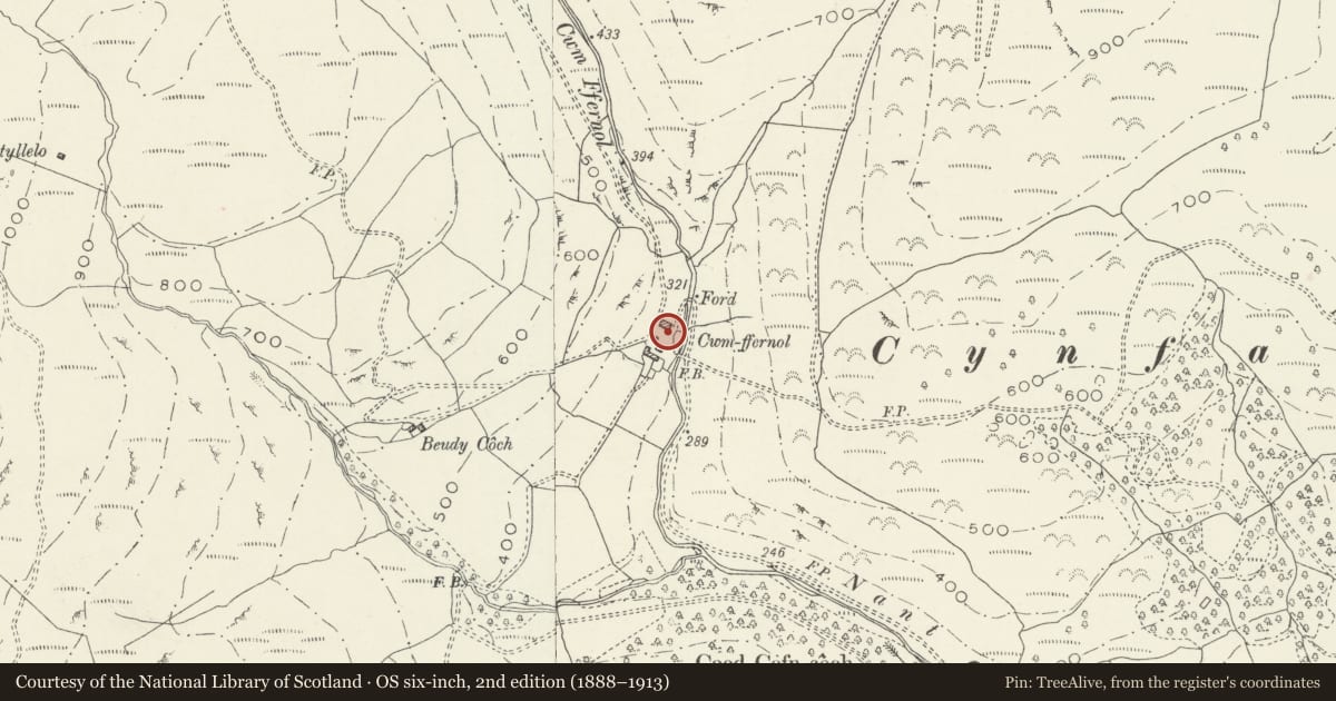 Ordnance Survey six-inch map, 2nd edition (1888–1913) covering the location of Cwmffernol, Pennal, Gwynedd, with a pin at the register's coordinates