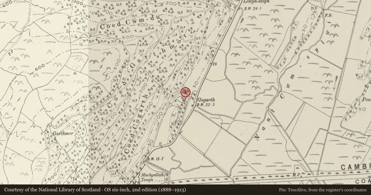 Ordnance Survey six-inch map, 2nd edition (1888–1913) covering the location of Barn Range at Gogarth Hall, Pennal, Gwynedd, with a pin at the register's coordinates
