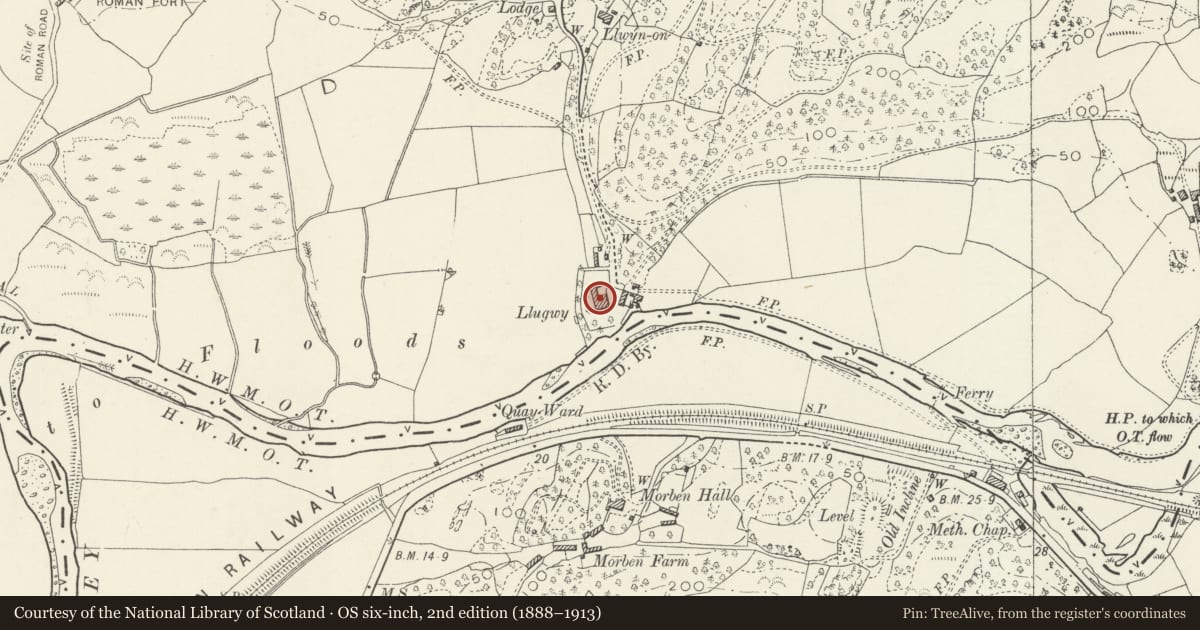 Ordnance Survey six-inch map, 2nd edition (1888–1913) covering the location of Llugwy Hall, Pennal, Gwynedd, with a pin at the register's coordinates