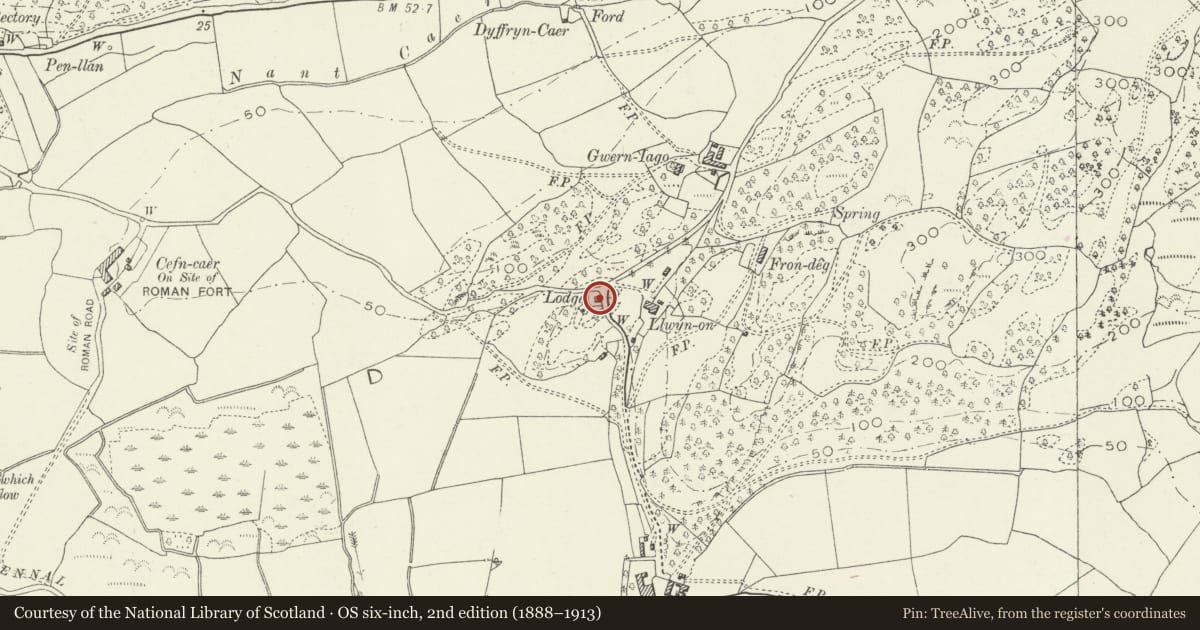 Ordnance Survey six-inch map, 2nd edition (1888–1913) covering the location of Llugwy Lodge, Pennal, Gwynedd, with a pin at the register's coordinates